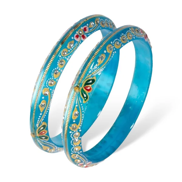 22KT (916) Gold Pola Bangles – Painted Firoza, Set of 2