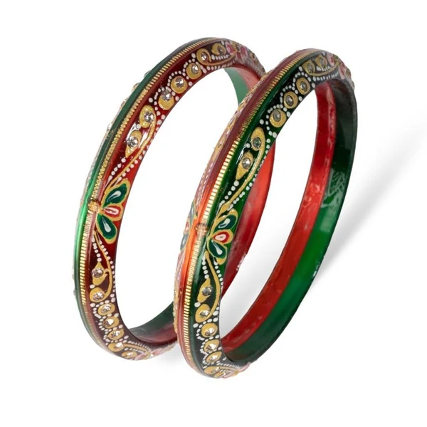 22KT (916) Gold Pola Bangles – Painted Wedding Red Green, Set of 2