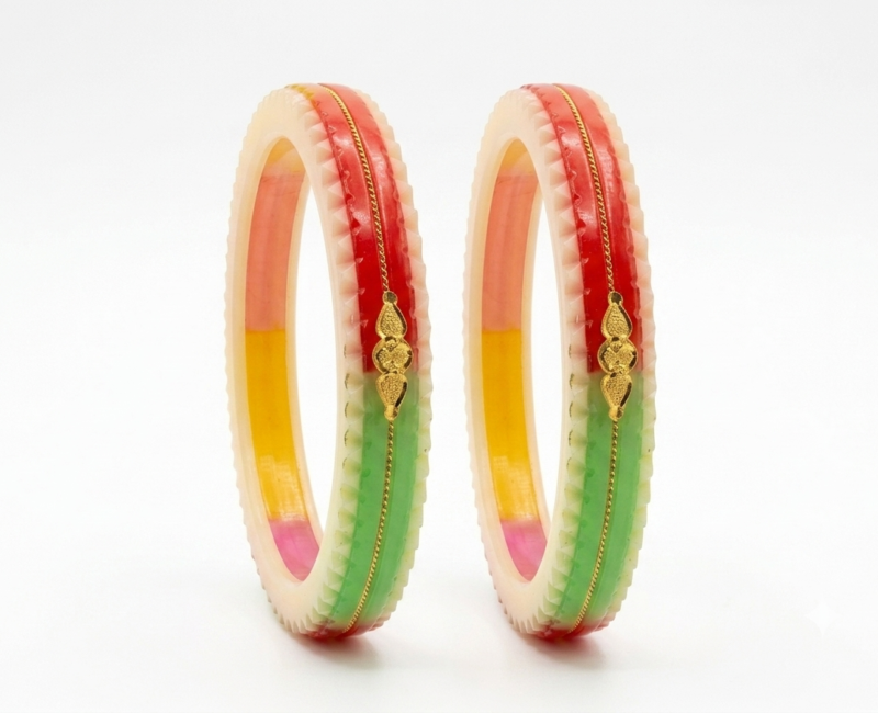 Traditional 22K Gold Tri-Color (Red, Green, Yellow) Grooved Shakha Pola Bangle Pair