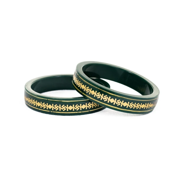 916 Swastik Gold Pola Bangles – Green, Double Gold Strip, Set of 2
