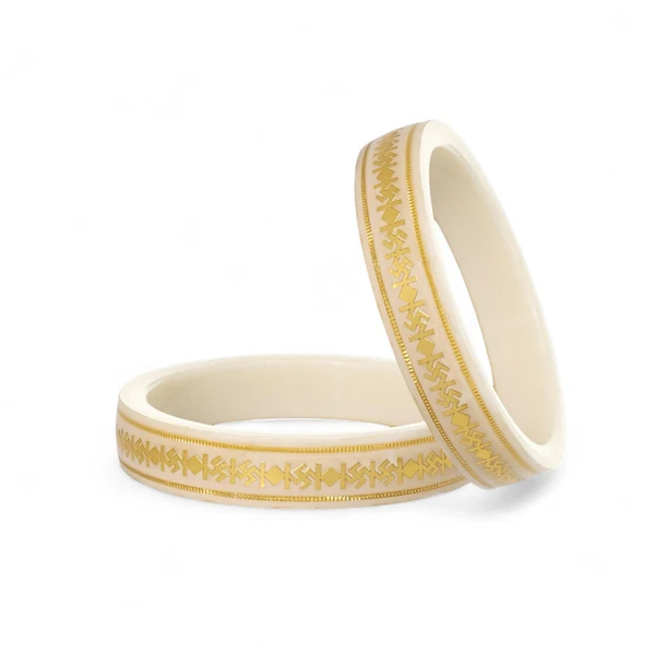 916 Swastik Gold Pola Bangles – White, Double Gold Strip, Set of 2