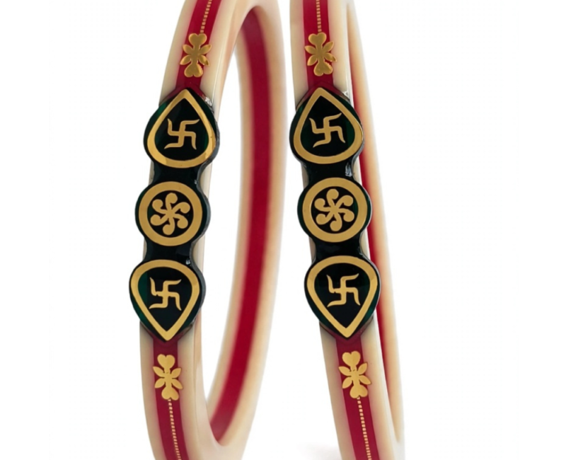 22KT (916) Gold Cream Red Shakha Pola Bangles with Black Enamel Swastik Motif (Set of 2)