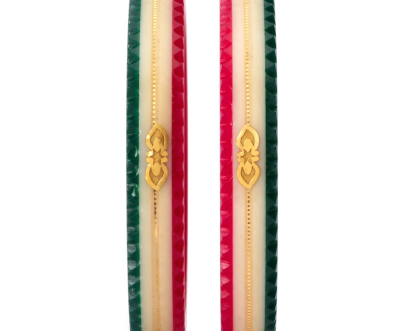 22KT (916) Gold Red Green Cream Scalloped Tri-Color Shakha Pola Bangles