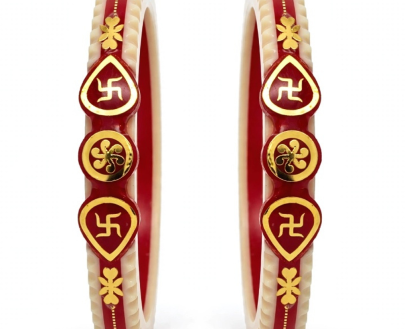 22KT (916) Gold Cream Red Grooved Shakha Pola Bangles with Swastik Motif