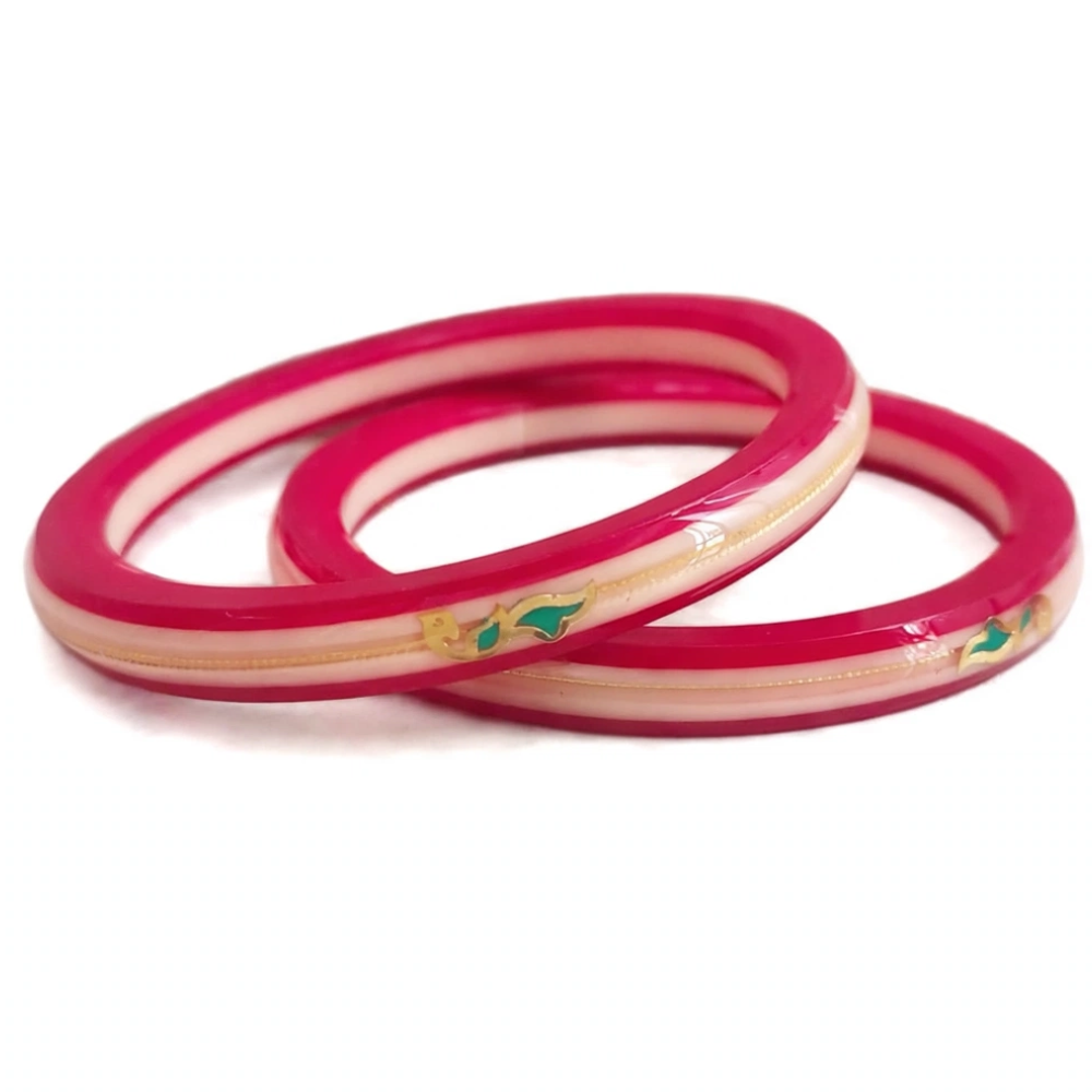 22KT Gold Vibrant Pink & Cream Combination Pola Bangles with Gold Wire Line