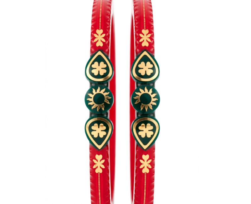 Traditional 22K Yellow Gold Scalloped Edge Red Badhano Pola Shakha Bangle Pair with Green Meena Work